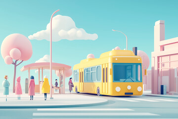 Colorful city street illustration with modern tram and people representing public transportation smart city urban mobility and sustainable lifestyle concept