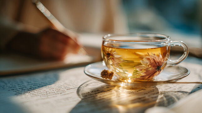 A tranquil scene featuring a glass cup of herbal tea with flowers, complemented by handwritten notes and soft, natural lighting.