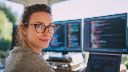 A smiling woman with glasses works intently on two monitors displaying colorful code in a bright, modern workspace.