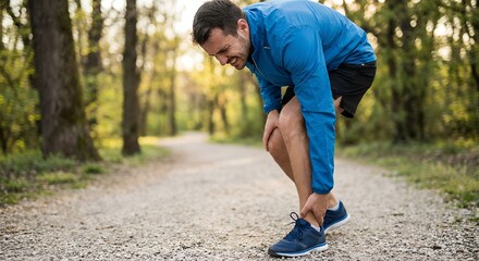 Young man clutching his painful ankle while running on a forest trail for sports injury concept and health problems during exercise
