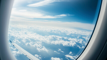 View from airplane window above clouds during flight in clear blue sky