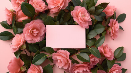 A delightful arrangement of soft pink camellias surrounds a blank pink card on a smooth pink background, perfect for romantic or celebratory messages.