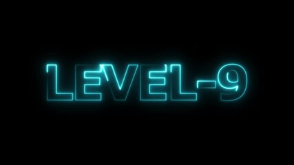 Glowing neon level-9 text with glitch effects animation. neon colorful letters spelling out level-9 appear on screen. level-9 game concept icon on a black background. 4k video - Powered by Adobe