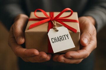 A person's hands gently offering a brown paper gift box tied with a red ribbon and a "CHARITY" tag, representing the donation concept and philanthropy