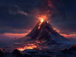 Erupting volcano spews fiery smoke and lava under a stormy, dark sky