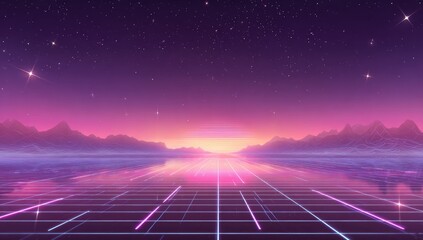 Retro horizon grid floor reflecting synthwave sky