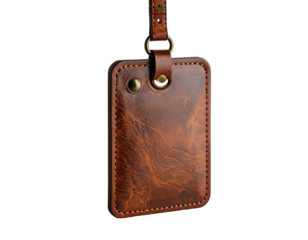 Leather badge holder with strap, brown textured surface