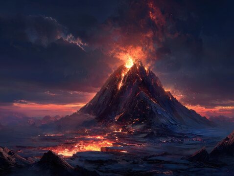 Erupting volcano spews fiery smoke and lava under a stormy, dark sky