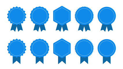 Medal set with ribbon. Blue award badges. Seal collection in flat style. JPG image