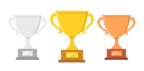 Trophy cup icon set. Gold silver and bronze award in flat style for competition. Winner symbol illustration. JPG image