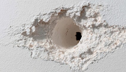 A hole punched through a white wall.  Cratered edges of plaster surround a dark, empty center