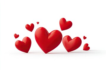 Shiny red hearts of varying sizes float against a clean white background
