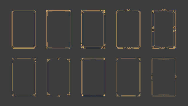 Vintage frame set. Decorative golden frames for wedding design elements. Decorated borders illustration. JPG image
