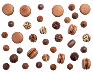 Assorted brown chocolates and macarons scatter on black