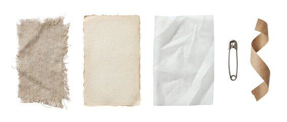 Scrapbook paper design elements with torn paper scraps and stationery pieces on transparent background