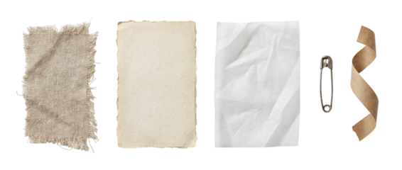 Scrapbook paper design elements with torn paper scraps and stationery pieces on transparent background