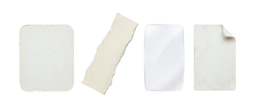 Collection of scrapbook paper design elements with torn paper scraps and stationery for creative projects on transparent background