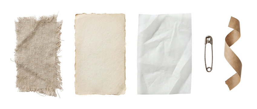 Scrapbook paper design elements with torn paper scraps and stationery pieces on transparent background