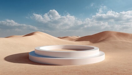 White platform sits in surreal desert landscape under a bright, cloudy sky