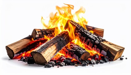 A close-up of a burning campfire with flames engulfing charred logs, isolated on white
