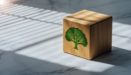 Eco-friendly wooden cube with a green tree illustration, symbolizing sustainability and environmental awareness on a marble surface with sunlight filtering through blinds