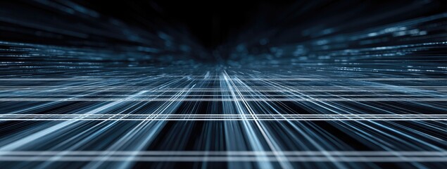 Abstract blue light streaks with a grid formation receding into the distance
