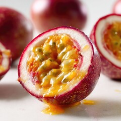Close-up of passion fruit halves, showcasing juicy interior