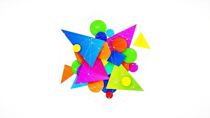 A vibrant cluster of colorful 3D geometric shapes forms a complex artistic mosaic.