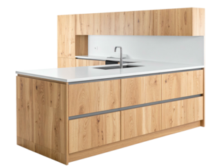 Bright wood kitchen island, white countertop