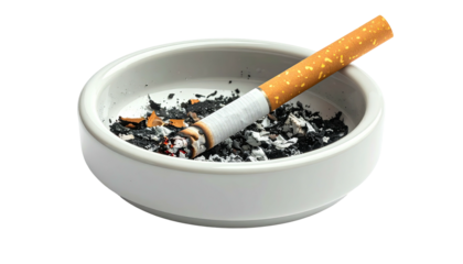 Lit cigarette in white ashtray, dark ashes scattered