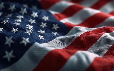 Wavy American flag close-up, focus on the stars section, red & white stripes