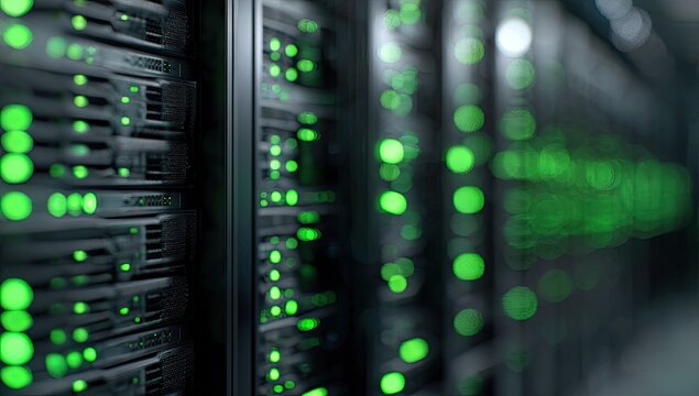 Close-up of server racks with green lights in a dark data center aisle - Powered by Adobe