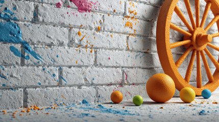 Abstract artwork featuring a brick wall, wheel, and colorful fruit.