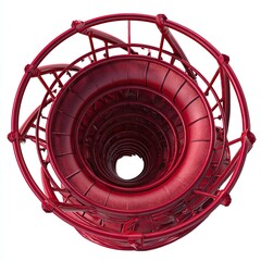 Red spiral staircase,  metal railing,  top-down view