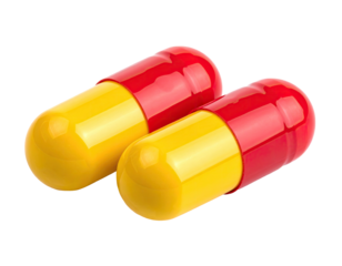 Two capsules, half red, half yellow, overlapping