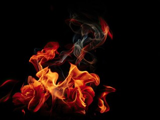 Intricate flames and smoke dance against a stark black backdrop