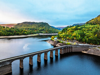 Autumn over Garreg Ddu Dam from a drone, Elan Valley, Caban-Coch Reservoir, Rhayader, Wales, UK	