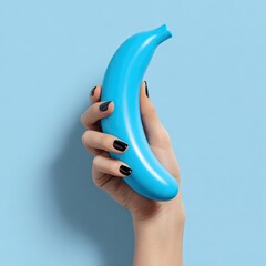 Hand holding a blue banana against a light blue backdrop, with black nail polish