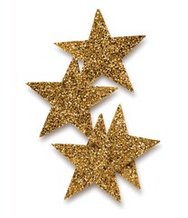 Three golden glitter stars, slightly overlapping, cast soft shadows on white