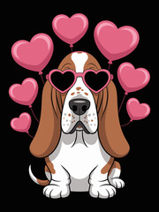 A basset hound wearing heart-shaped sunglasses sits surrounded by pink heart balloons.
