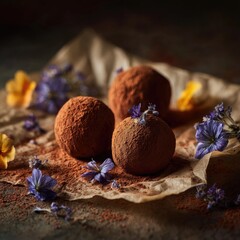 Dark chocolate truffles, dusted with cocoa powder, adorned with edible flowers