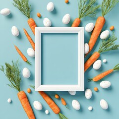 Pastel blue backdrop with carrots, speckled eggs, and a blank picture frame, top-down view