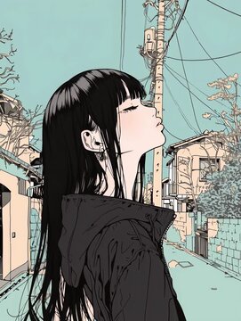 Una joven con el pelo negro mira hacia el horizonte en una calle urbana.