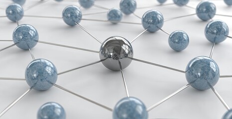 Network with blue spheres connected by lines, a central silver sphere stands out