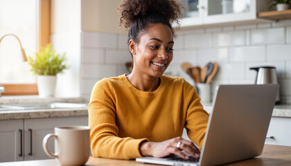 Happy woman working on laptop at home kitchen