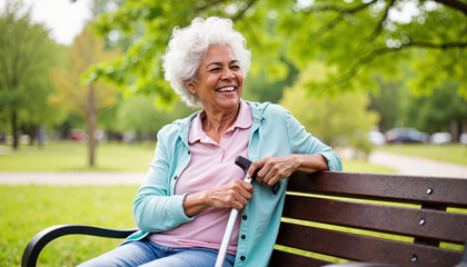 Happy elderly woman sitting on a bench in a park