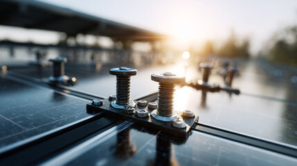 Solar panel installation showcases detailed hardware under the warm glow of sunset, emphasizing renewable energy innovation in a modern landscape