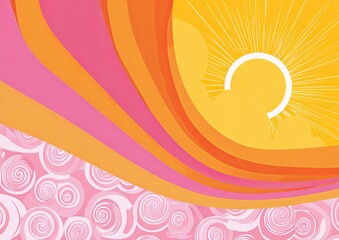 Retro sky with swirling clouds, radiant sun, and colorful curved stripes