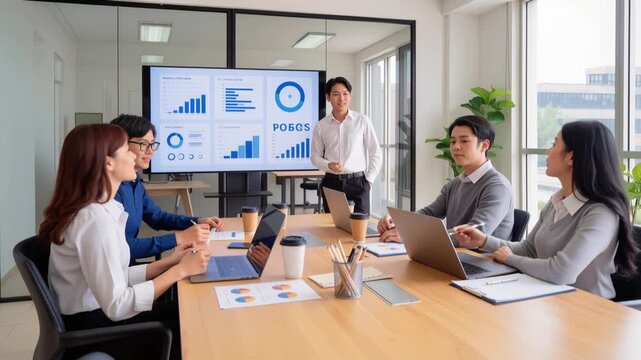 Business analyst presenting quarterly performance metrics to diverse team at modern corporate office. Static wide shot capturing professional data presentation meeting.