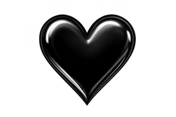 Black glossy heart shape with metallic shine on transparent background